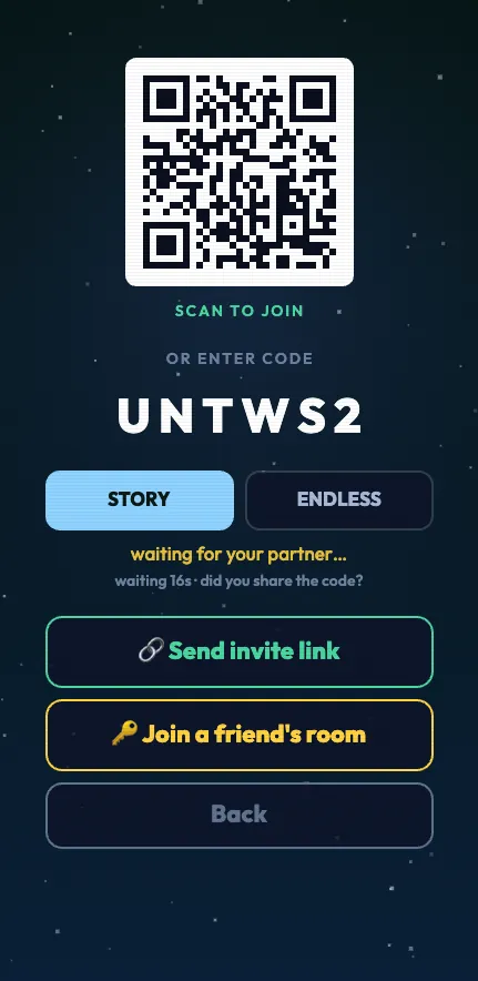A phone showing a QR code over the room code UNTWS2, waiting for the other player