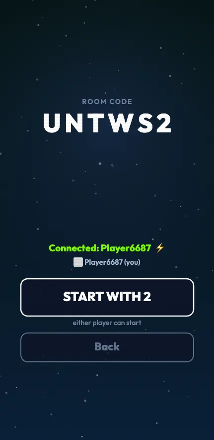 The same room a moment later: the second player listed as connected, above a button reading start with two