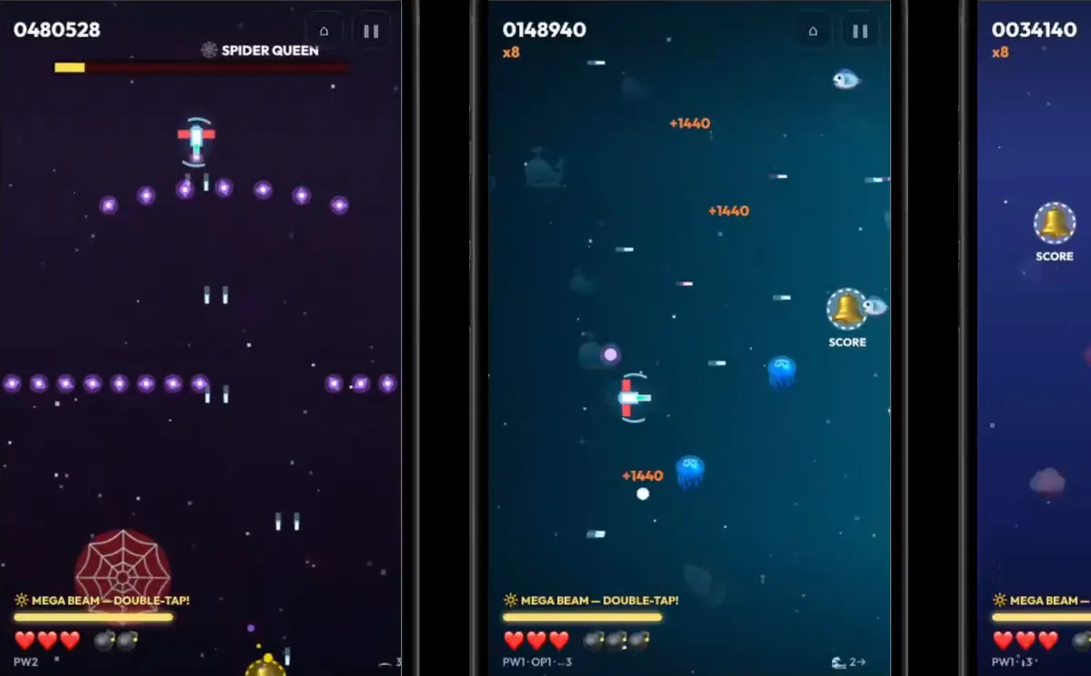 Three phone screens side by side, each flying a ship up a night sky at emoji enemies