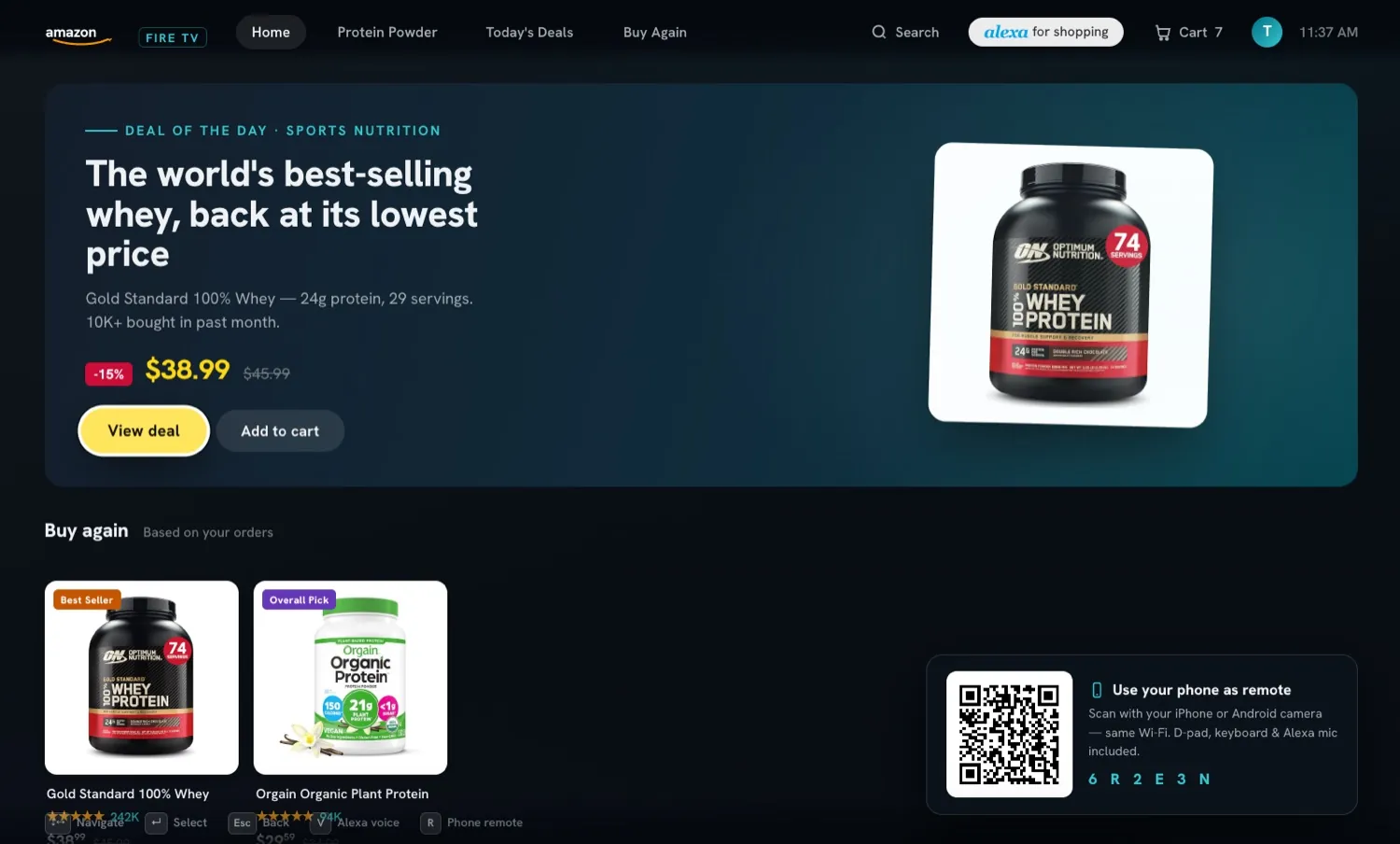 Dark television shopping interface with a deal, product cards, D-pad hints, and a QR code for phone pairing