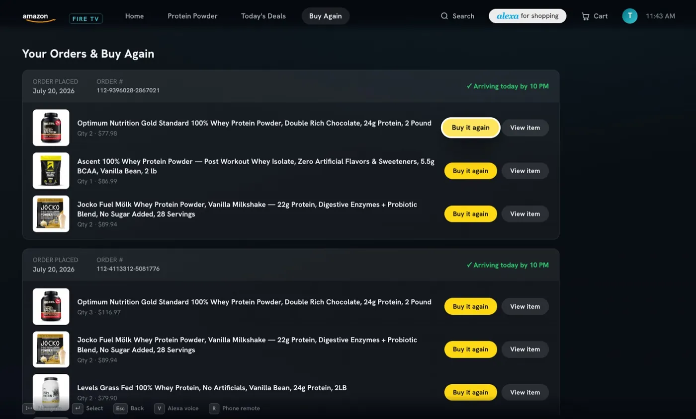 Television-sized Buy Again screen with past orders, focus state, and D-pad navigation hints