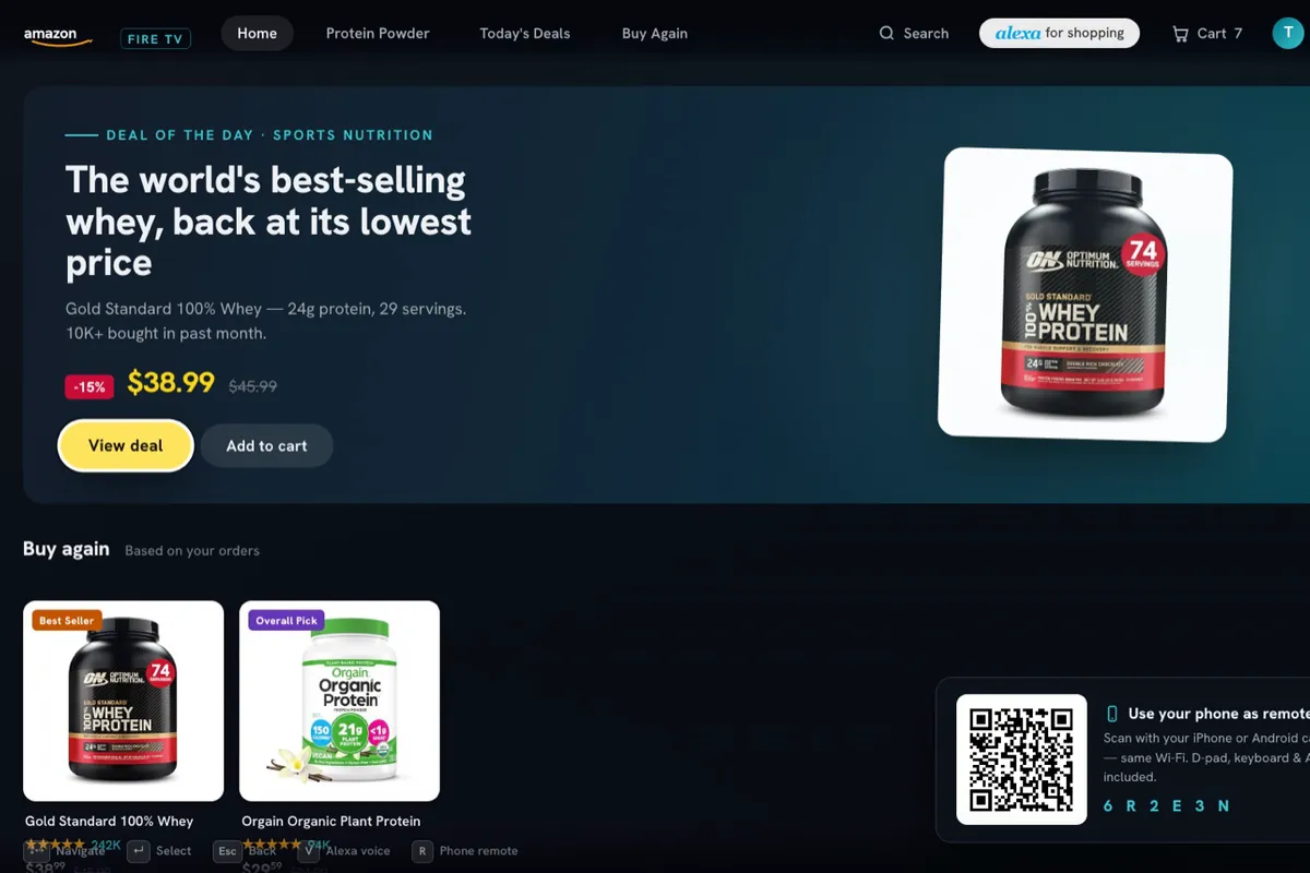 The ten-foot shopping screen: a deal-of-the-day banner, a Buy Again row, and a QR code for pairing a phone as the remote