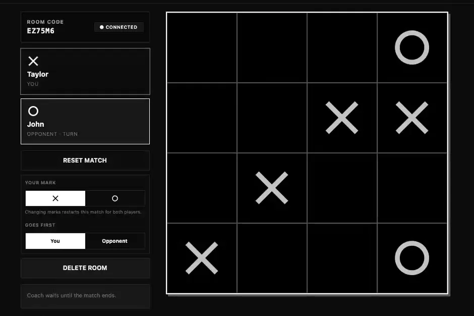 A four-by-four board part-filled with circles and crosses, beside the room code both players joined on