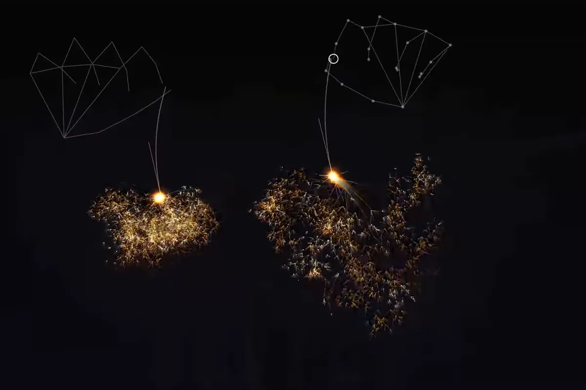 Two golden firework bursts blooming in the dark under wireframe outlines of a pair of hands