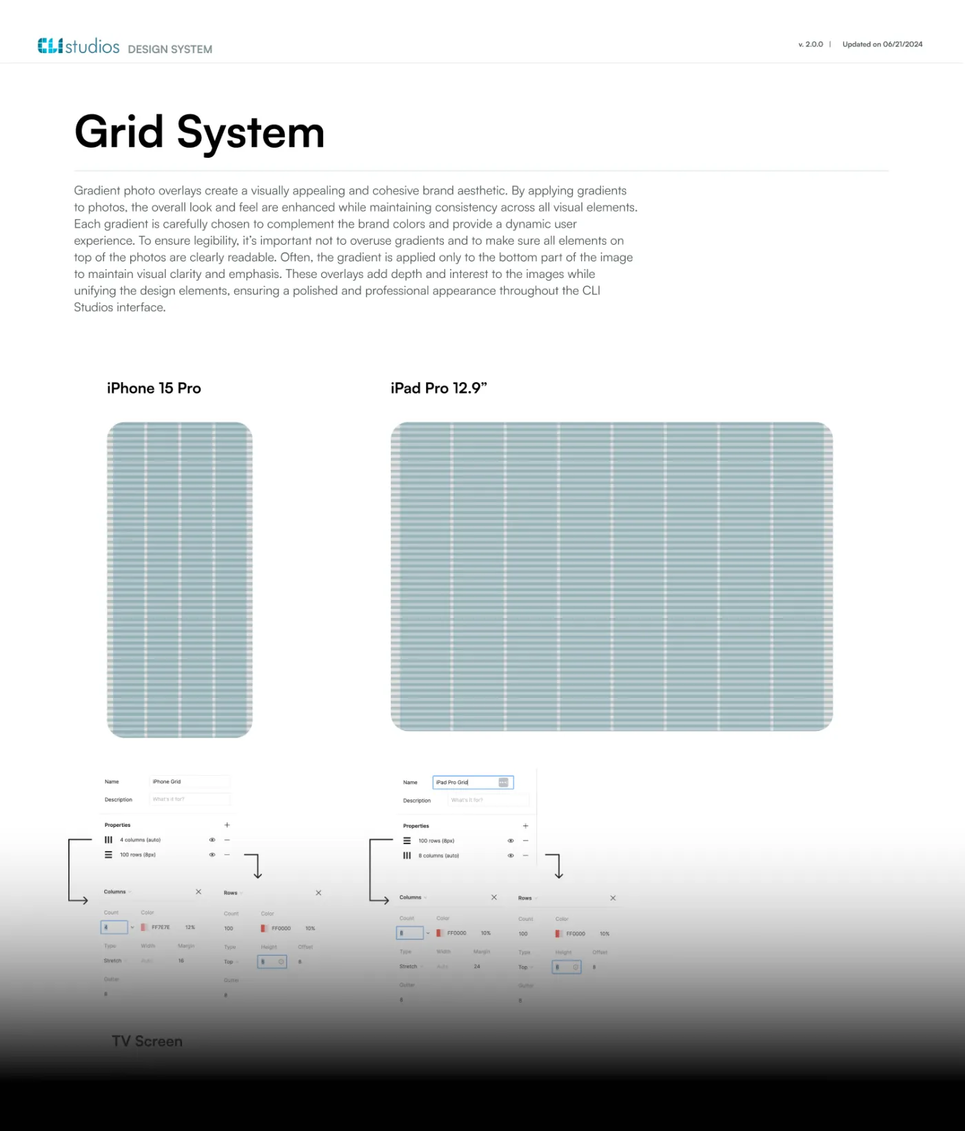 CLI Studios design-system documentation showing grid definitions for phone and tablet