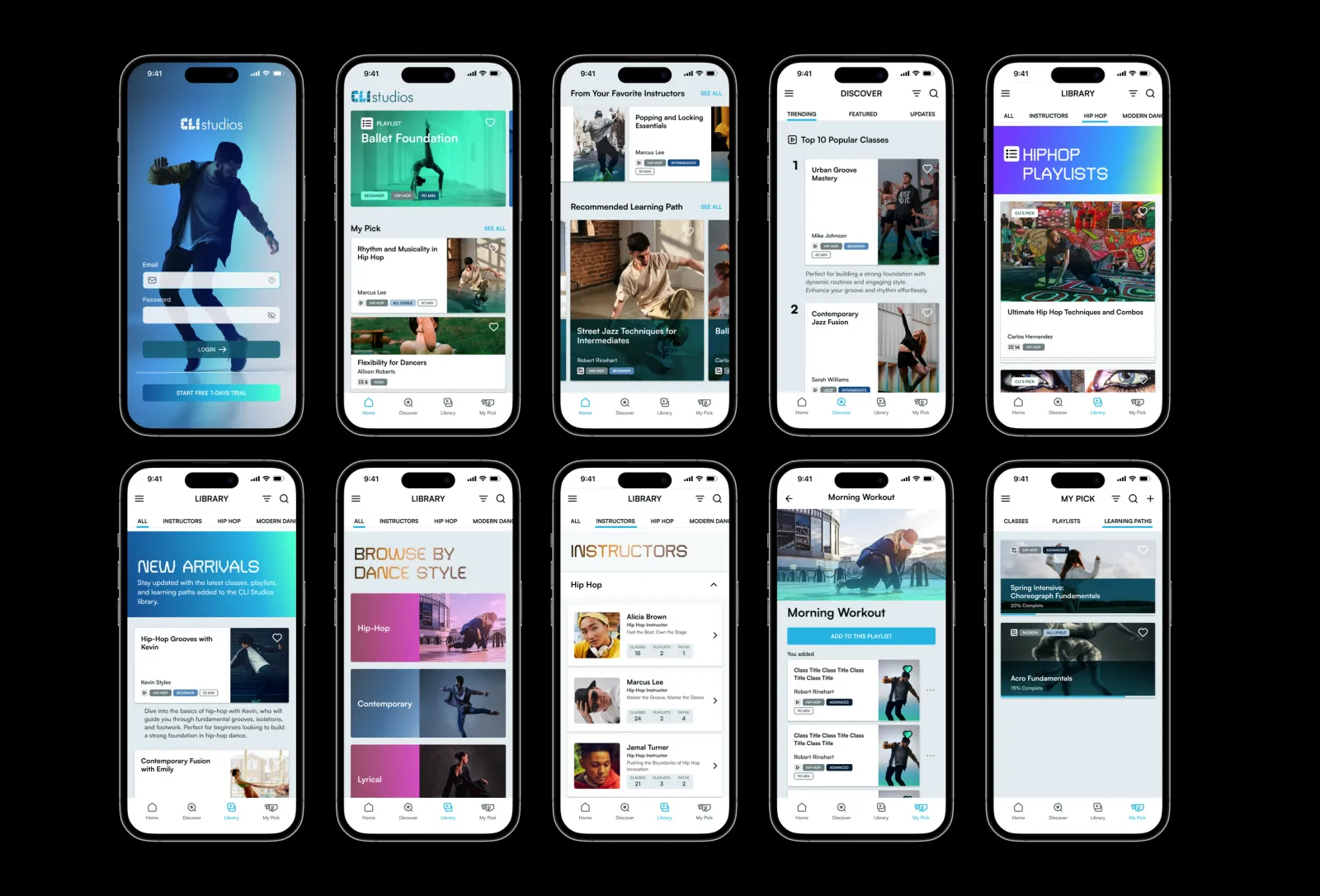 Ten CLI Studios mobile screens covering login, home, discovery, library, instructors, playlists, and learning paths