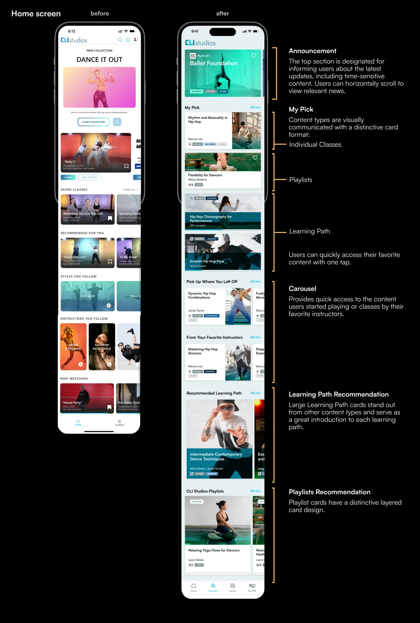 CLI Studios home screen before and after, annotated with the new content hierarchy