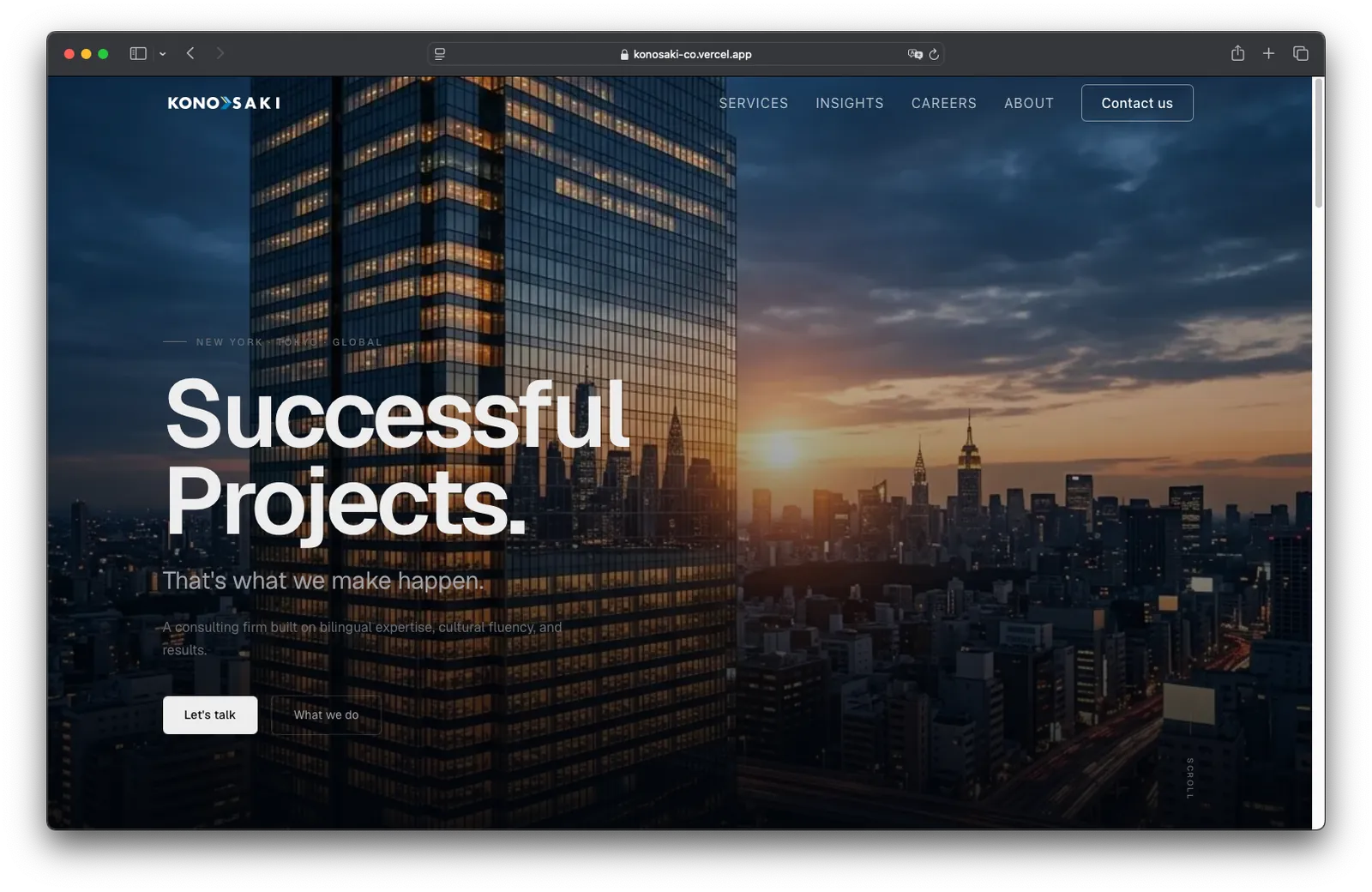 Konosaki website hero combining a New York skyline, mirrored building, and bilingual consultancy navigation