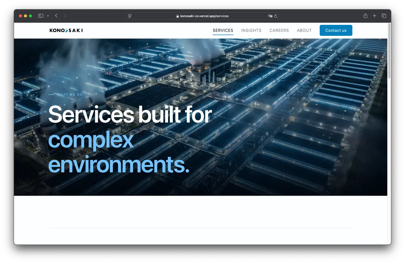 Konosaki website services page using a blue editorial system and large type