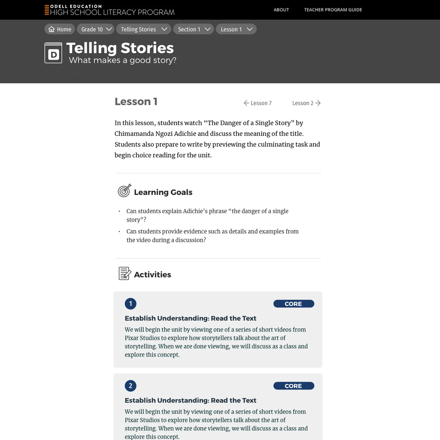Odell lesson page for grade 10, Telling Stories, lesson 1: breadcrumb navigation, learning goals, and numbered core activities