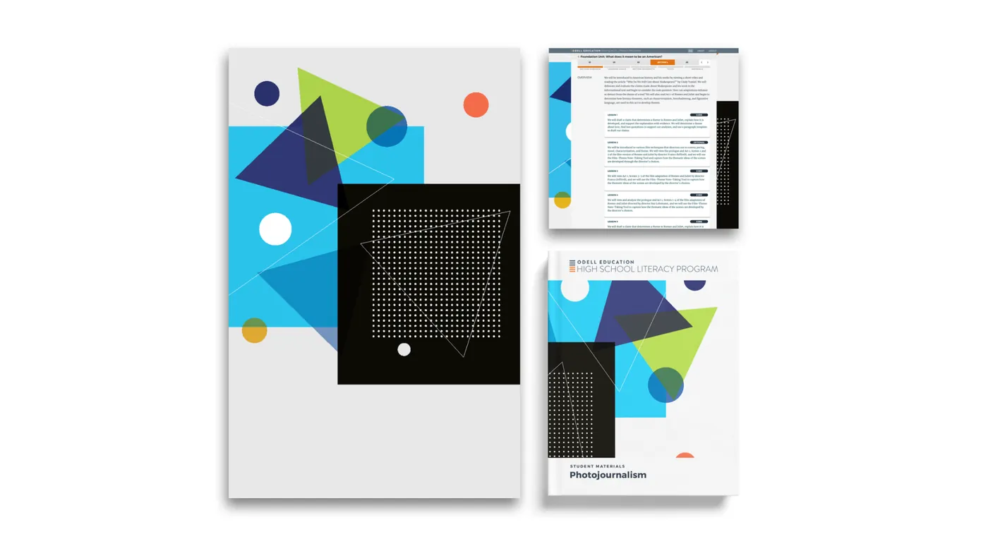 Odell literary-unit graphics applied to a cover and matching web page