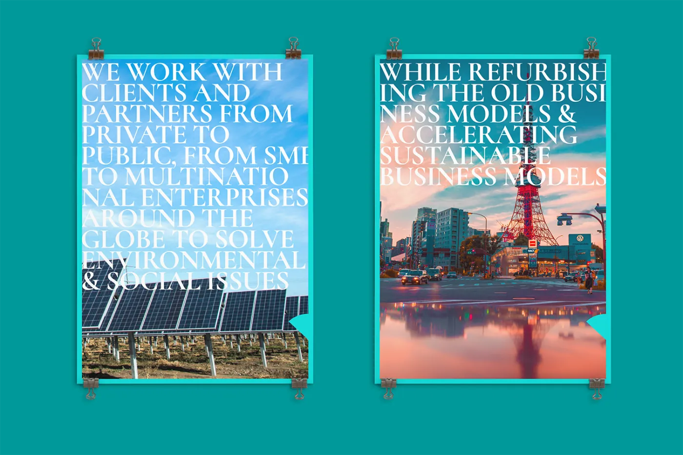 Two Value Frontier environmental posters using large serif text over sustainability imagery