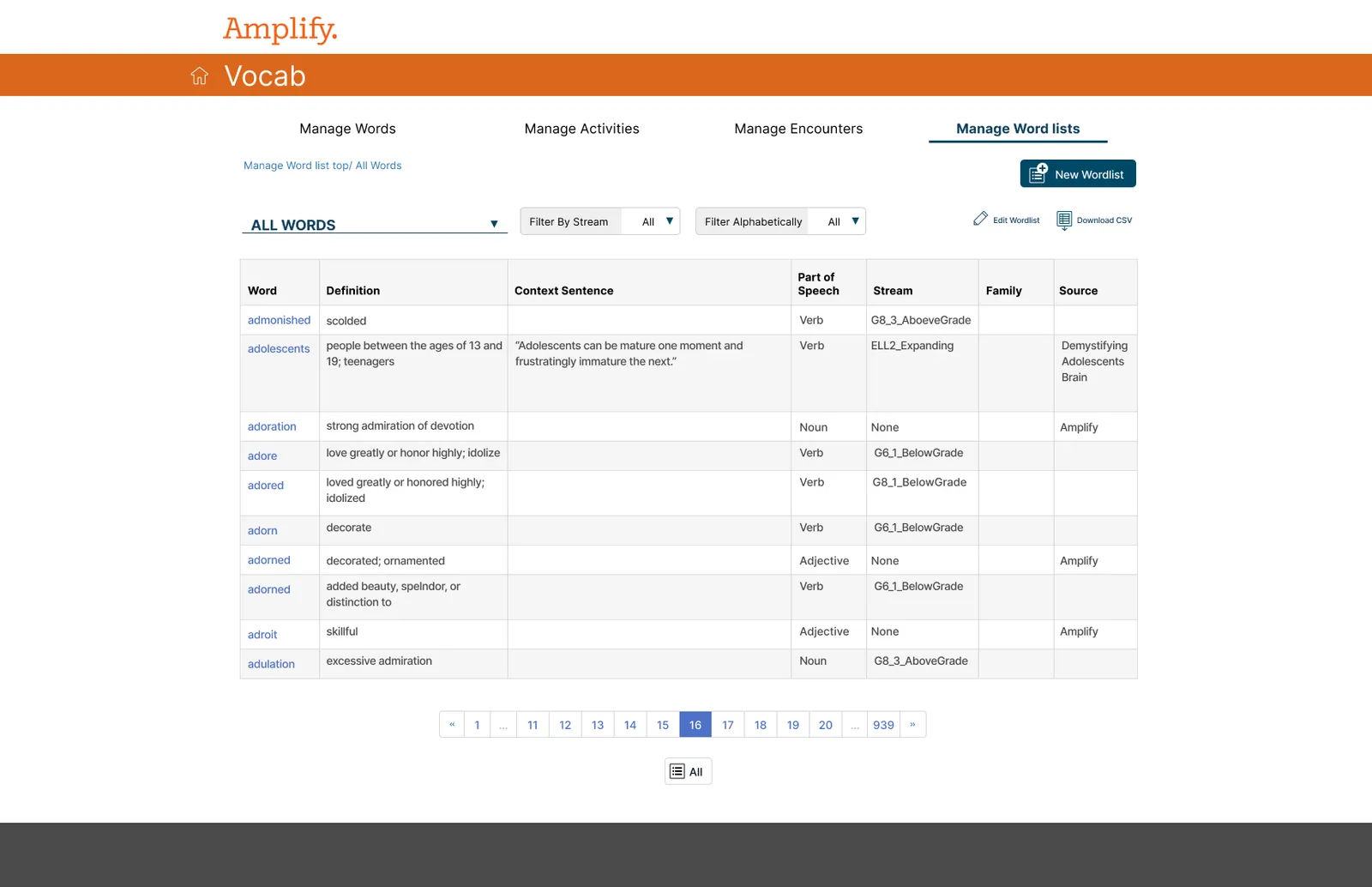 Amplify Vocab word-list builder with the master word library on the left and the new list on the right