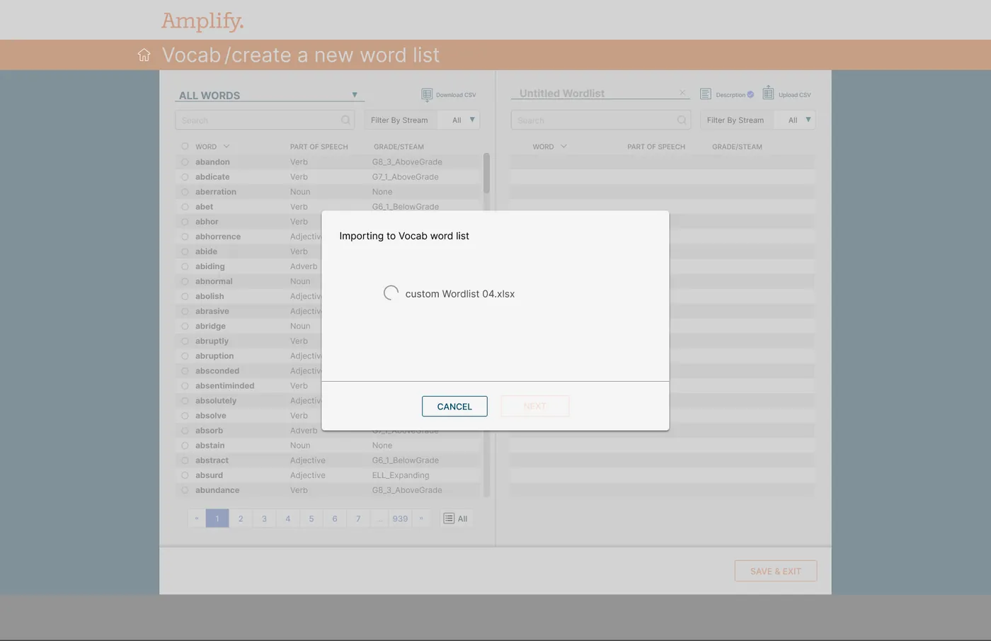 Amplify Vocab list builder: the all-words library with part of speech and grade or stream on the left, an empty new list on the right, and a CSV import dialog in progress