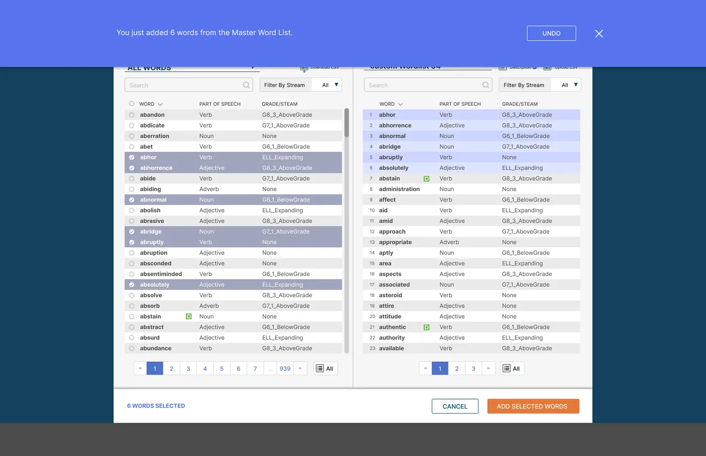 Vocab word list after adding selected words, with a confirmation message and undo action